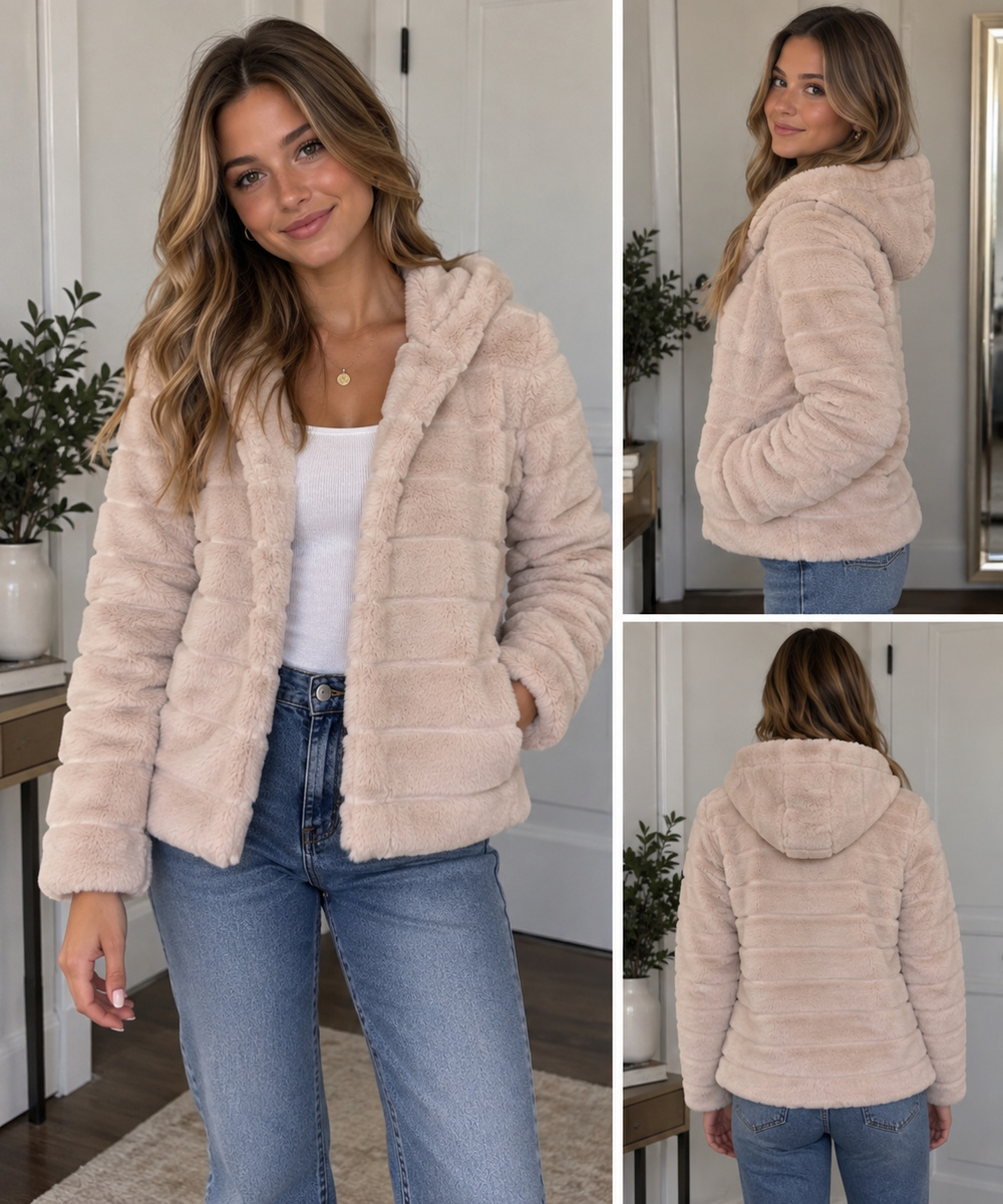 Altar'D State Faux Fur Hooded Jacket Cream Size S